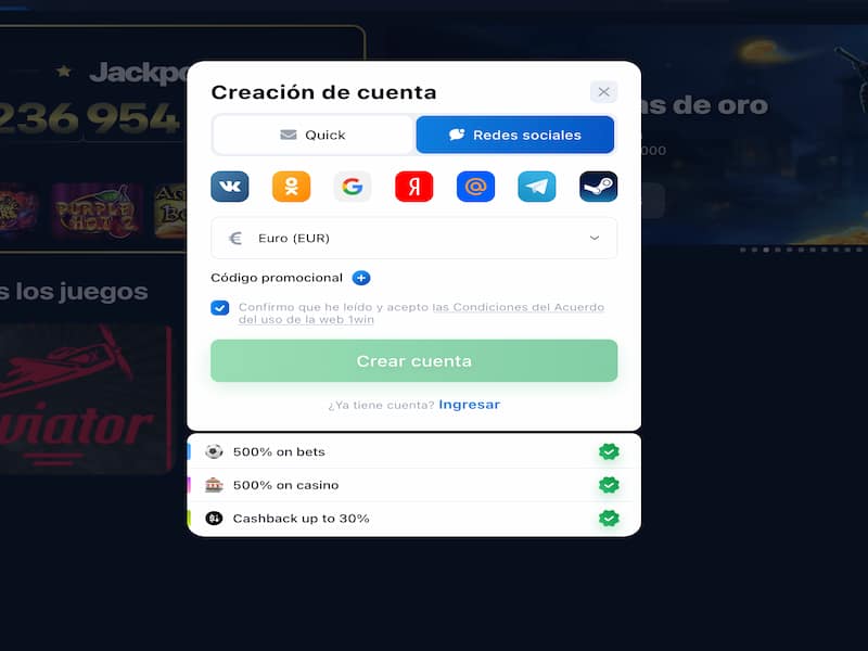 Regístrese en 1win y obtenga un código de promoción para Aviator